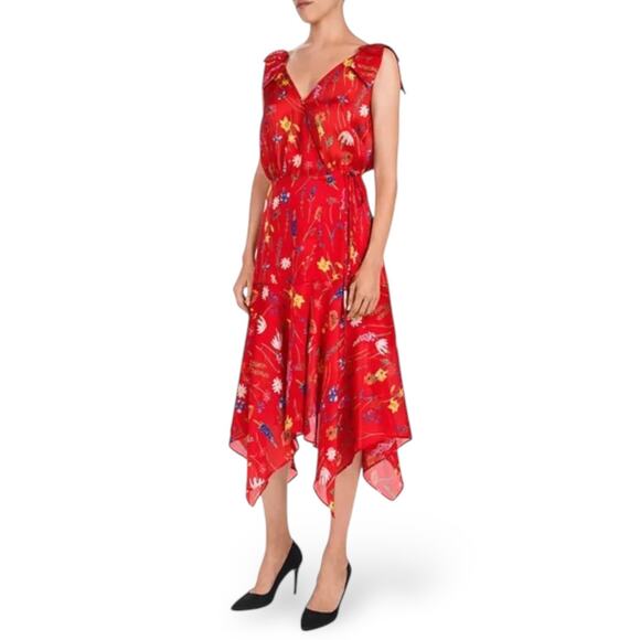 THE KOOPLES Motif Floral Midi Dress Handkerchief Hem Festival Coquette Boho Red - Picture 13 of 13